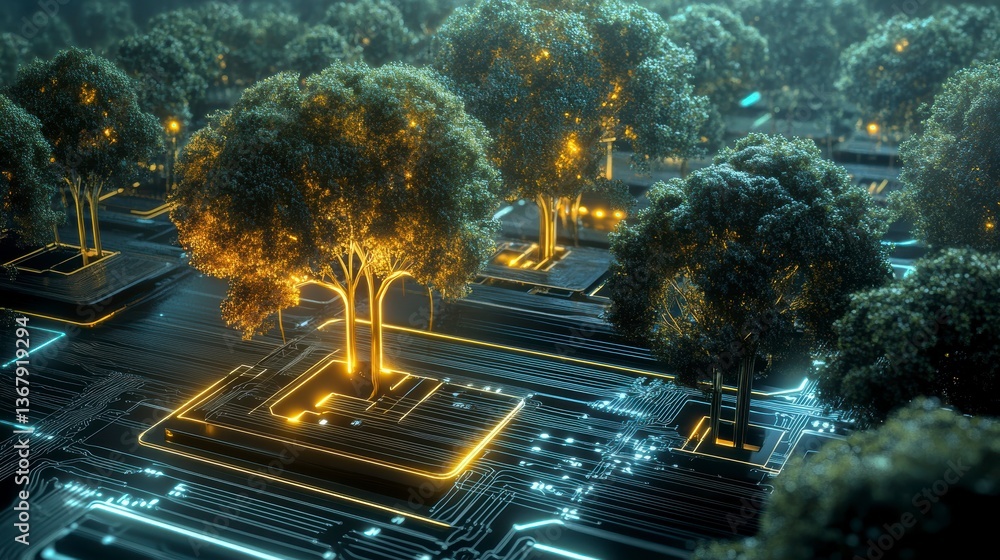 Poster Glowing trees planted on a circuit board, symbolizing technology and nature merging.
