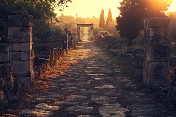 A road with ancient ruins crumbling on either side, leading through a forgotten landscape bathed in the golden light of dusk