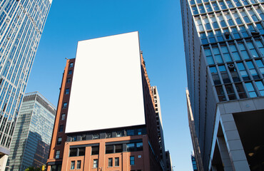 Large white billboard against sleek skyscrapers, clear blue sky
