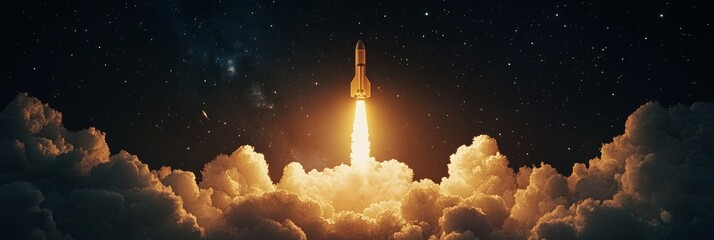 Rocket soars upward among billowing clouds nighttime.