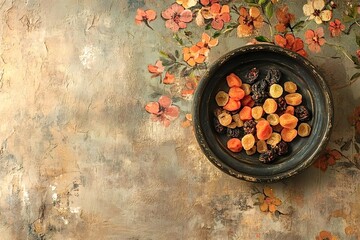 Colorful mix of dried apricots, raisins and prunes in an old dark bowl is placed on a table decorated with painted flowers, creating a warm and inviting autumnal scene