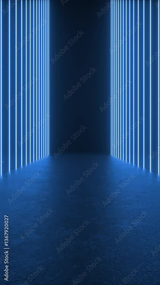 Poster rows of neon lights illuminate a dark room with concrete floors, creating a futuristic and sci-fi am
