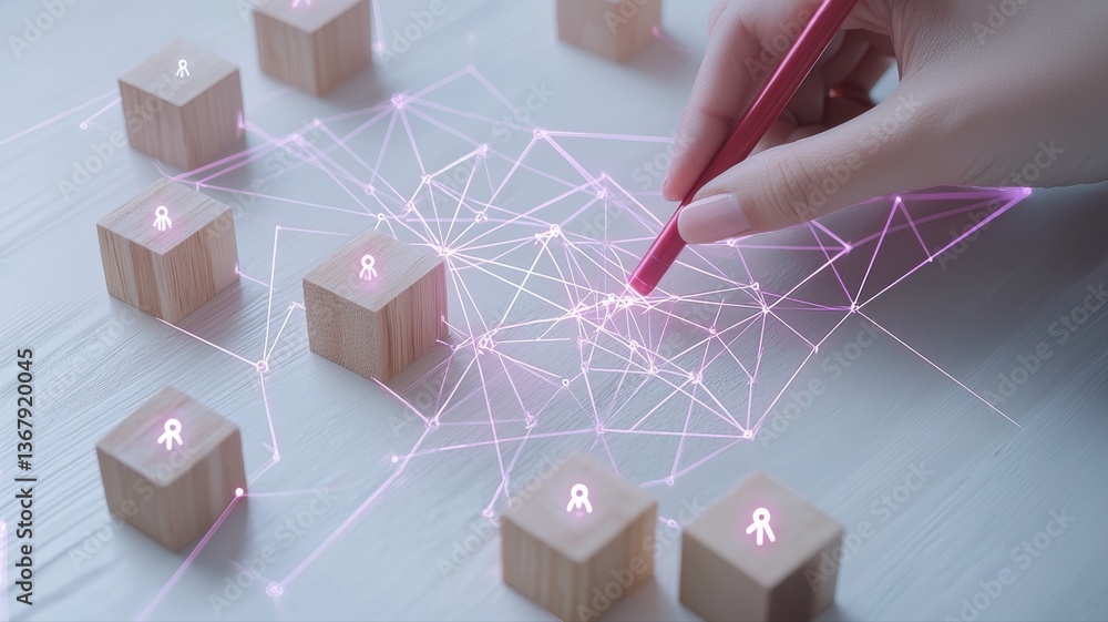 Poster hand connecting digital network on wooden blocks symbolizing human connections and data sharing with