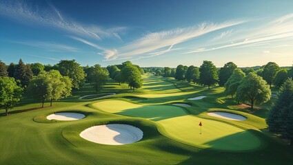 Aerial view of a lush green golf course with sand traps and trees under a partly cloudy sky at daytime