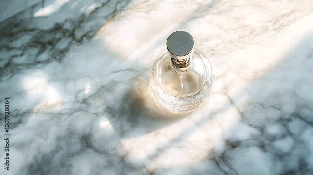 Poster sunlight filters through a window, casting beautiful shadows on a marble surface where a transparent