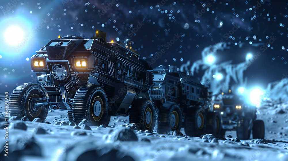 Poster this excavation vehicles operate on an asteroid, extracting regolith for resource refinement in spac