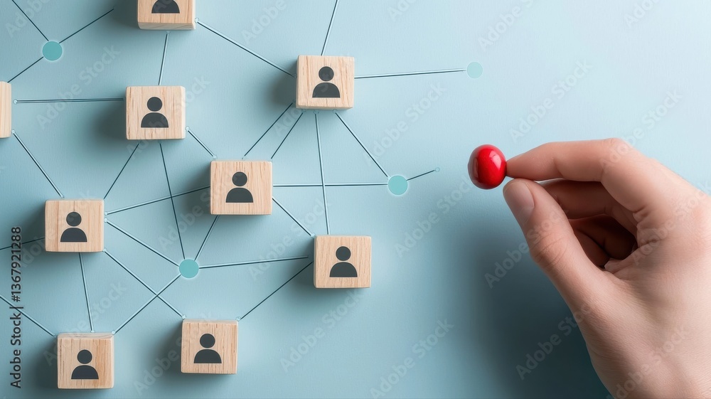 Poster hand connecting network of people icons with markers on blue background symbolizing teamwork and col