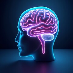 Obraz premium Human Brain Mind Head Silhouette Profile Neon Glowing Colorful Anatomy Science Medicine Neurology Psychology Mental Health