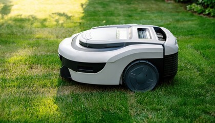 automatic lawn mower is a robot that mows grass in the garden near the house 