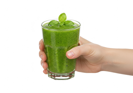 A hand holding a tall glass filled with a green smoothie garnished with sprig of basil isolated on transparent background - Powered by Adobe