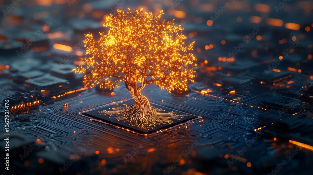 Poster Glowing tree growing from a computer chip.