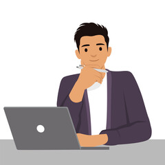 Thoughtful man sits at a desk with a laptop, holding a pen and appearing deep in concentration. Flat vector illustration isolated on white background