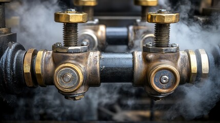 A mechanical valve with intricate bolts, highlighted on a black factory background with steam
