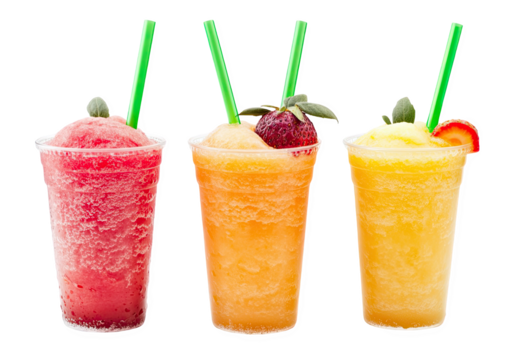 Set of three fresh slushie drinks isolated on a white background, with green straws and fruits, png