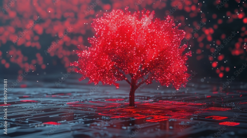 Poster glowing red tree on futuristic surface.
