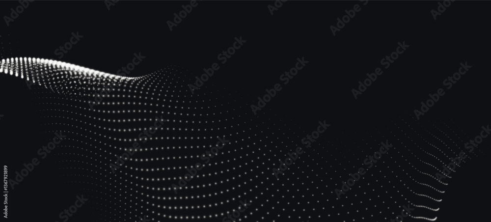 Poster abstract background with dynamic black and white wave. futuristic dotted wave of bright particles on