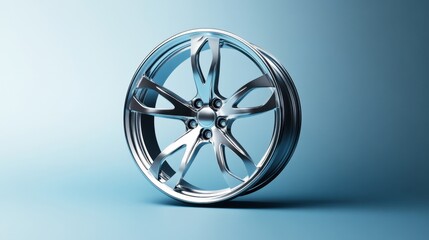 Obraz premium A minimalist floating car wheel on a soft gradient blue background, creating a futuristic aesthetic