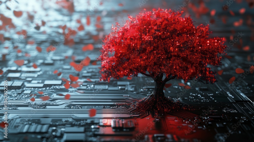 Poster red tree growing from a circuit board, surrounded by small red hearts.