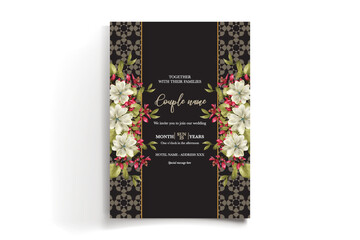 WEDDING INVITATION FRAME WITH FLOWER DECORATIONS AND FRESH LEAVES