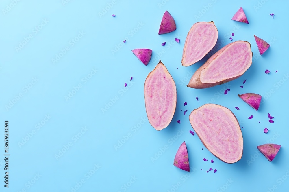 Poster purple sweet potato cut into various shapes and sizes is displayed on a vibrant blue background, cre