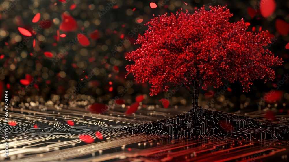 Poster red tree with black roots growing from a circuit board, with red petals falling.