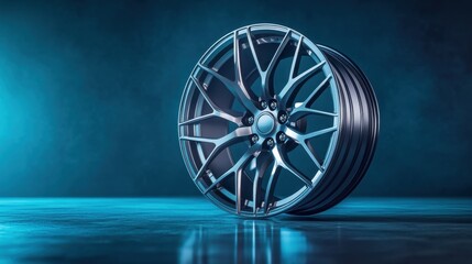 A performance wheel with aggressive split-spoke styling, showcased on a dark cyan gradient background