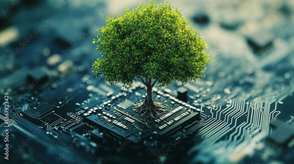 Poster lush green tree growing from a computer circuit board, symbolizing sustainable technology. (1)