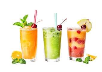 Set of three fresh slushie drinks isolated on a white background, with green straws and fruits, png