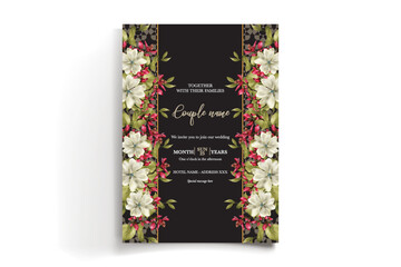 WEDDING INVITATION FRAME WITH FLOWER DECORATIONS AND FRESH LEAVES