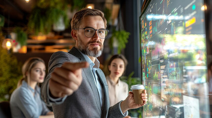 confident professional suit points towards digital screen displaying financial data, while two colleagues observe modern office environment. atmosphere is focused and collaborative, highlighting