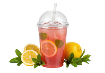 A clear plastic cup with a lid and straw filled with lemonade or fruit punch with ice cubes isolated on transparent background