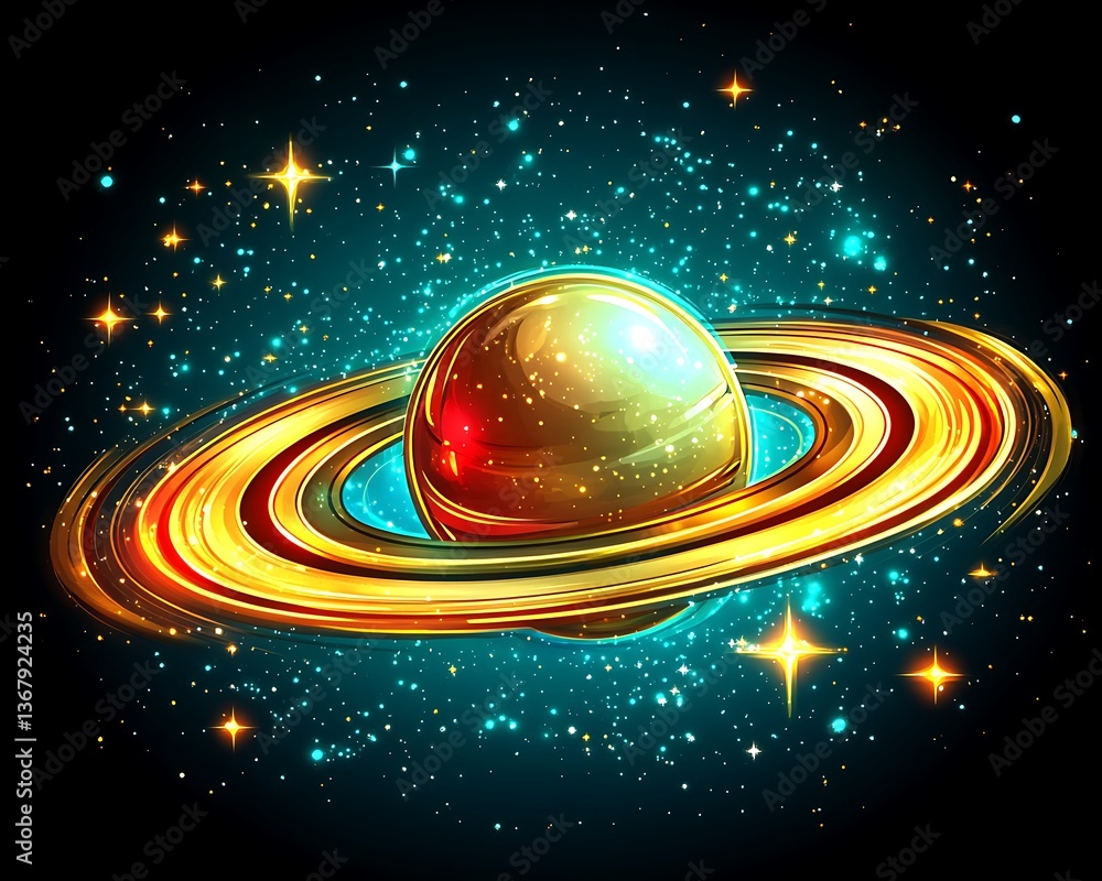Canvas Prints an illuminated planet and orbiting rings exist amidst a starfield
