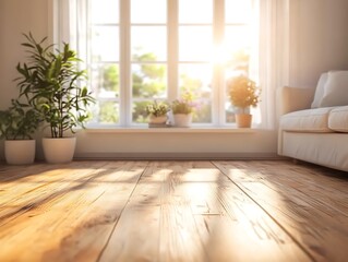 A bright interior with plants and sunlight on wooden flooring