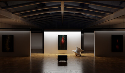Futuristic Art Gallery Interior with Abstract Lighting and Modern Sculptures - 3D Illustration
