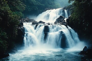 Fototapeta premium A roaring waterfall cascades down jagged rocks, surrounded by lush greenery, creating a powerful yet serene scene