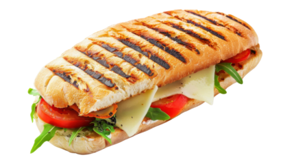 Delicious grilled sandwich with cheese, tomatoes, and arugula on transparent background