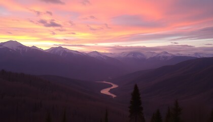 Majestic Sunset Over Serene Mountain Valley River Landscape Breathtaking view of snow capped peaks at golden hour