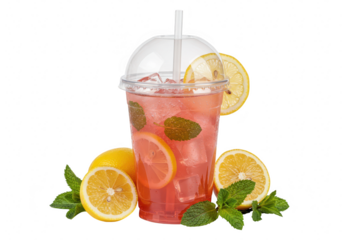 A clear plastic cup with a lid and straw filled with lemonade or fruit punch with ice cubes isolated on transparent background