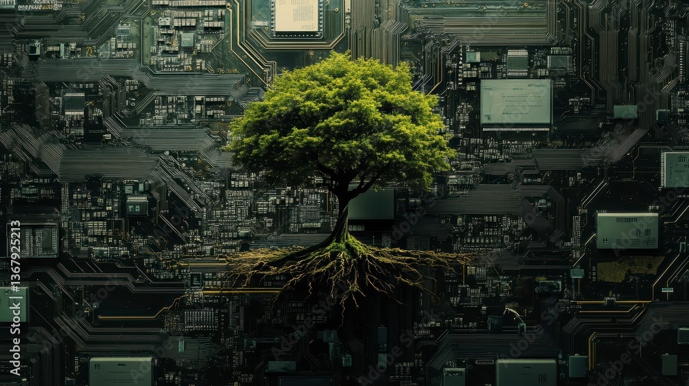 Poster lush green tree with exposed roots growing from a complex circuit board.