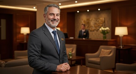 Confident Hotel Manager Smiling at the Reception Desk