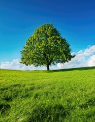 Obraz premium Panorama of a maple tree on a meadow against a blue sky