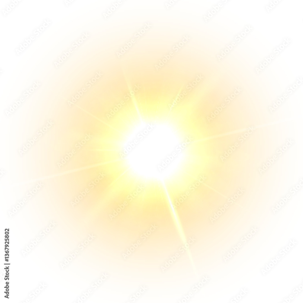Poster Yellow flash of light with soft rays and glow. Sunshine or magic splash effect on white background.