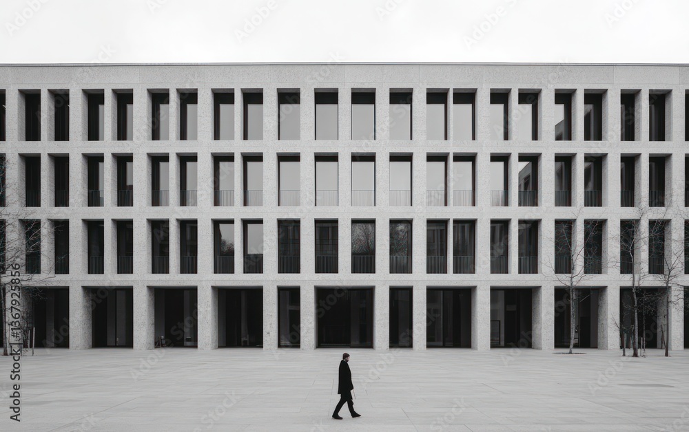Poster a man walks in front of a large, modern building with many windows. the building is light gray concr