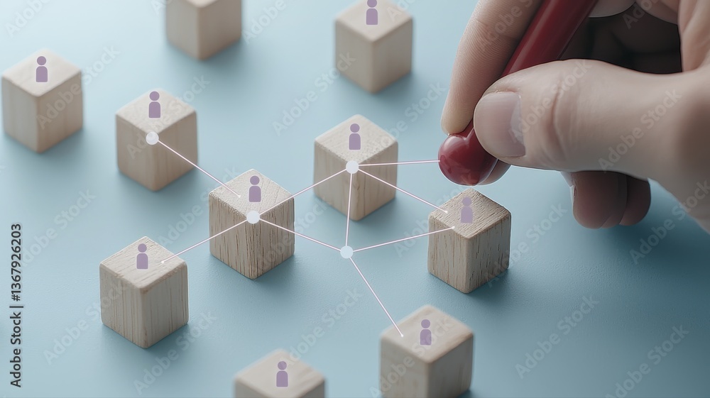 Poster hand connecting wooden blocks with network lines, symbolizing human resources and teamwork in a digi