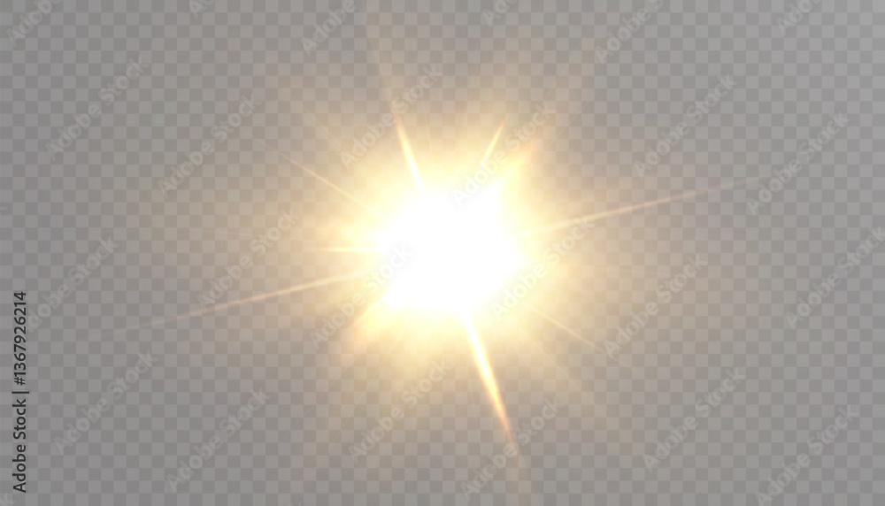 Poster bright sunburst with golden rays isolated on transparent background. suitable for sun, glare and lig