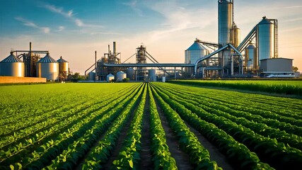 Agricultural field with green crop rows and industrial silos under clear blue sky
