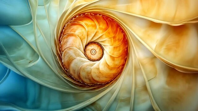 Intricate spiral pattern showcasing the beauty of a nautilus shell with soft blue and orange hues in a harmonious blend