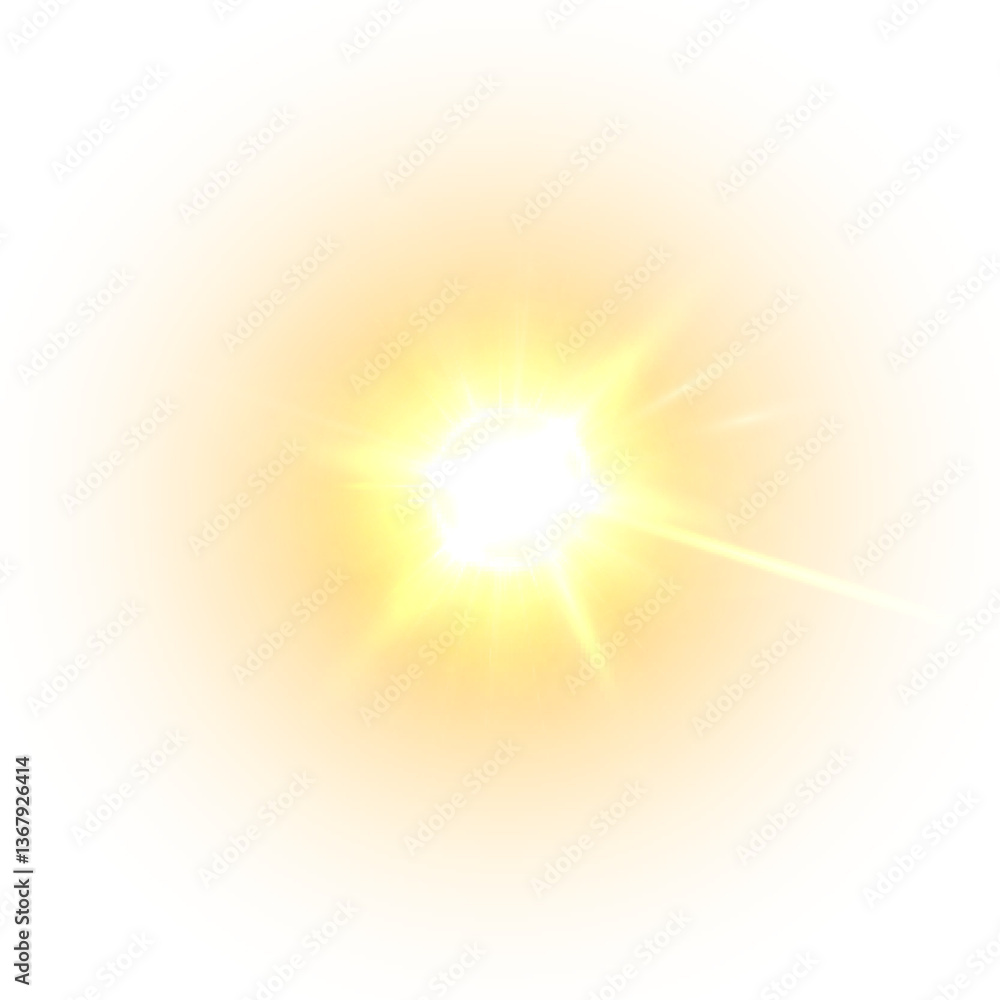 Poster Yellow flash of light with soft rays and glow. Sunshine or magic splash effect on white background.