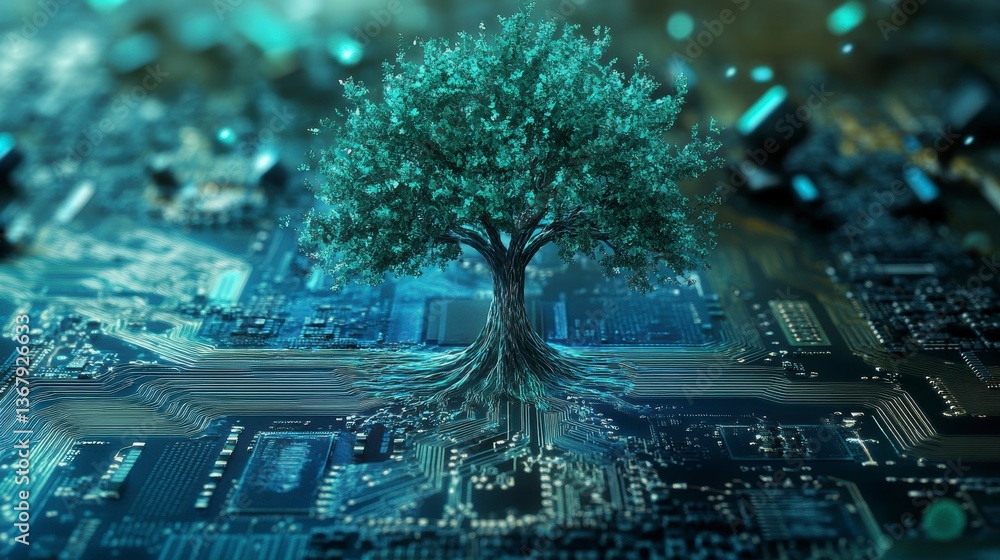 Poster futuristic tree growing from a circuit board, symbolizing technology and nature's connection.