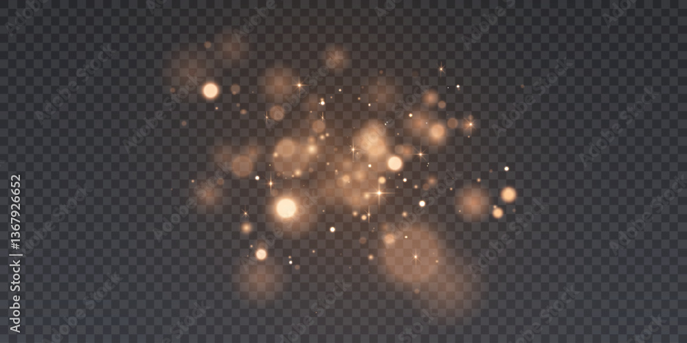 Poster golden glitter particles with bokeh effect and soft shimmering glitter glow on a transparent backgro